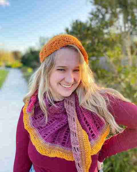 Sigmoid Scarf and Sigmoid Beret Crochet Pattern by ReVe Design Co - styled on model from the front
