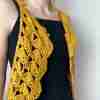 Fantail Vest Crochet Pattern by ReVe Design Co – Mustard cotton – modeled – from front Fantail Vest Crochet Pattern by ReVe Design Co - Mustard cotton - modeled - from front