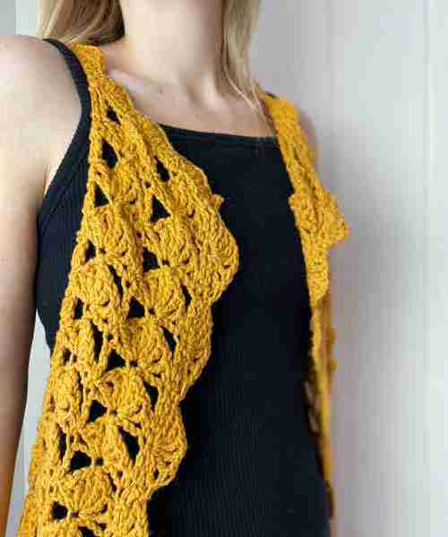 Fantail Vest Crochet Pattern by ReVe Design Co - Mustard cotton - modeled - from front