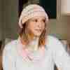 Pink and White Charlston Beret and Cowl on model from front