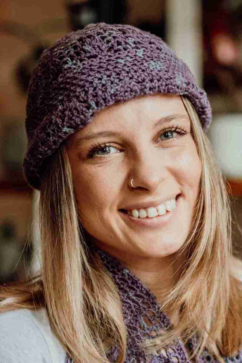 Rapt-Hearts-Beanie-&-Cowl-Crochet-Patterns---in-mauve---on-Model-indoors-(2)