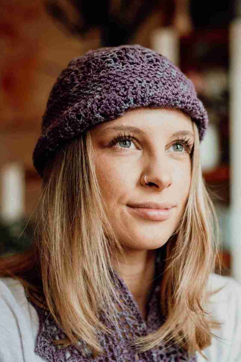 Rapt-Hearts-Beanie-&-Cowl-Crochet-Patterns---in-mauve---on-Model-indoors-(4)
