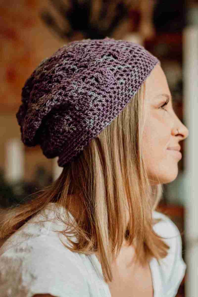 Rapt-Hearts-Beanie-Crochet-Patterns---in-mauve---on-Model-indoors-(2)