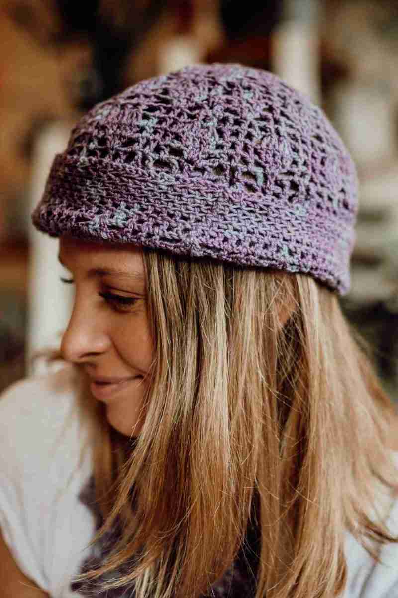 Rapt-Hearts-Beanie-Crochet-Patterns---in-mauve---on-Model-indoors
