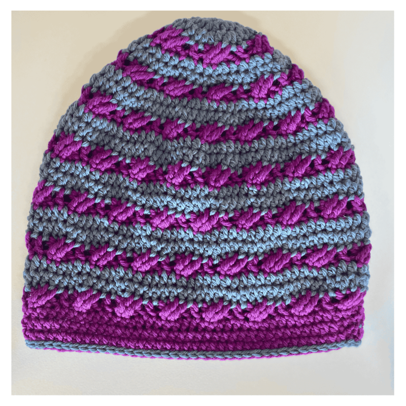 Brindy Beanie - Lori's version in cerese and grey - flat lay