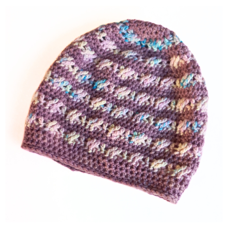 Brindy Beanie in Mauve and Variegated Blue & Pink - Flat Lay