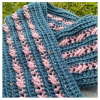 Brindy Cowl Crochet Pattern - Lori's version - in Mid-blue and Pink- close-up on concrete & grass