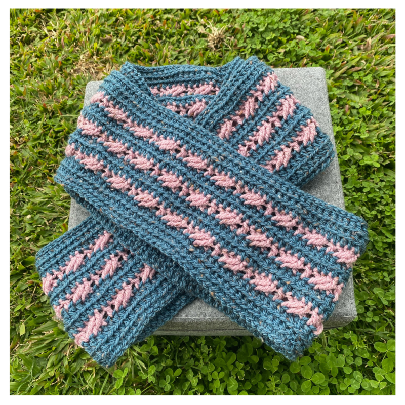 Brindy Cowl Crochet Pattern - Lori's version - in Mid-blue and Pink- full shot straight on concrete & grass