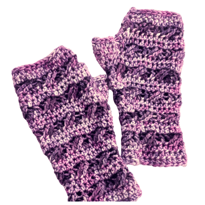 Brindy Mitts Crochet Pattern - in Tonal Purple and Variagated Mauve - flat lay