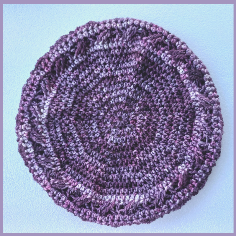 Brindy Beret Crochet Pattern – in Tonal Purple and Variagated Mauve – flat lay from top Brindy Beret Crochet Pattern - in Tonal Purple and Variagated Mauve - flat lay from top
