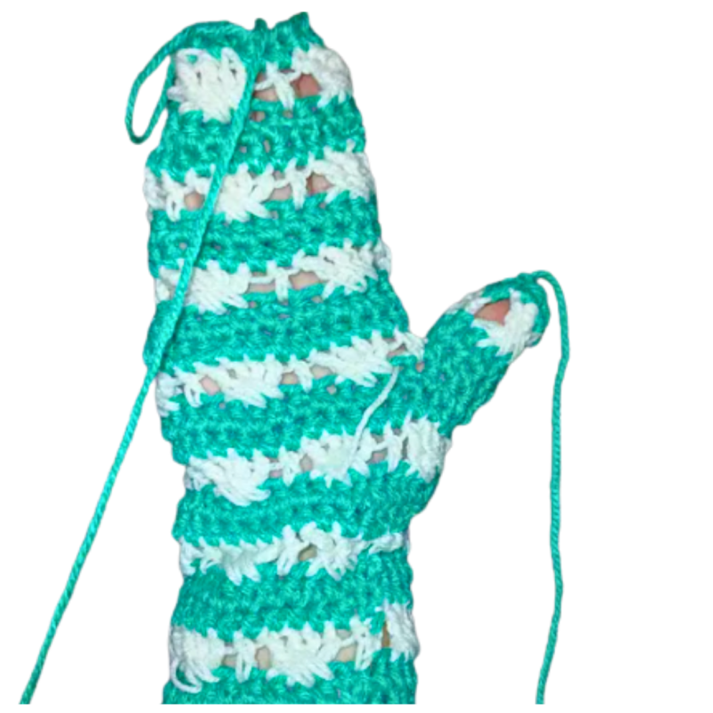 Brindy Mittens Crochet Pattern - Ilse's version - in green and white stripes - unfinished - on hand