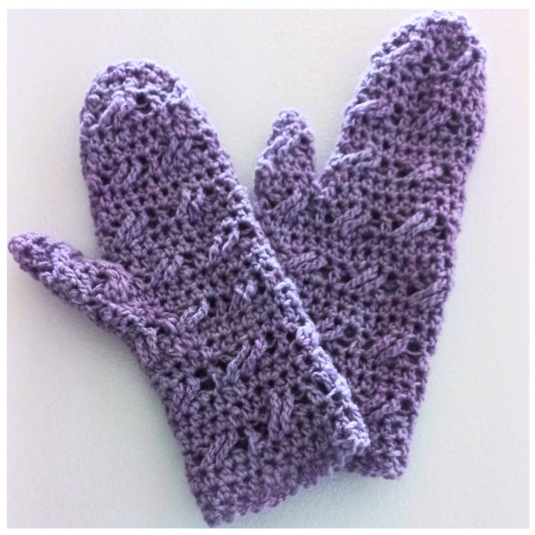 Brindy Mittens Crochet Pattern - in mauve mohair - flat lay (overlay)