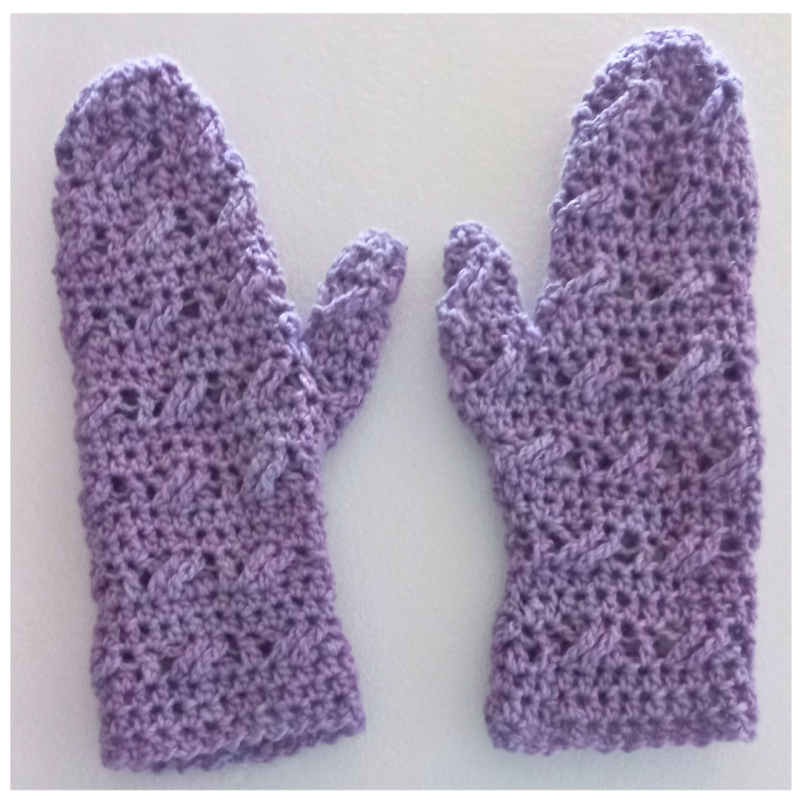 Brindy Mittens Crochet Pattern - in mauve mohair - flat lay (thumbs inside)