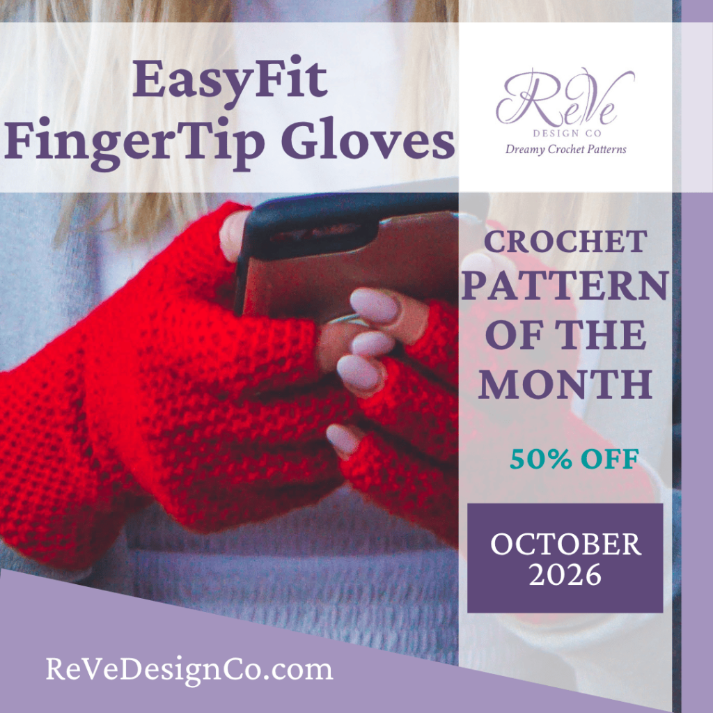 October 2026 ReVeDesign Co Crochet Pattern of the Month - EasyFit FingerTip Gloves - in red shown on model's hands holding a phone