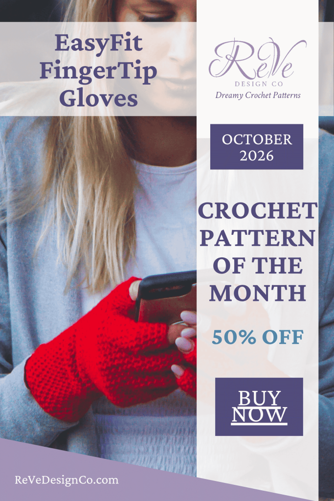 October 2026 ReVeDesign Co Crochet Pattern of the Month - EasyFit FingerTip Gloves - in red shown on model's hands holding a phone
